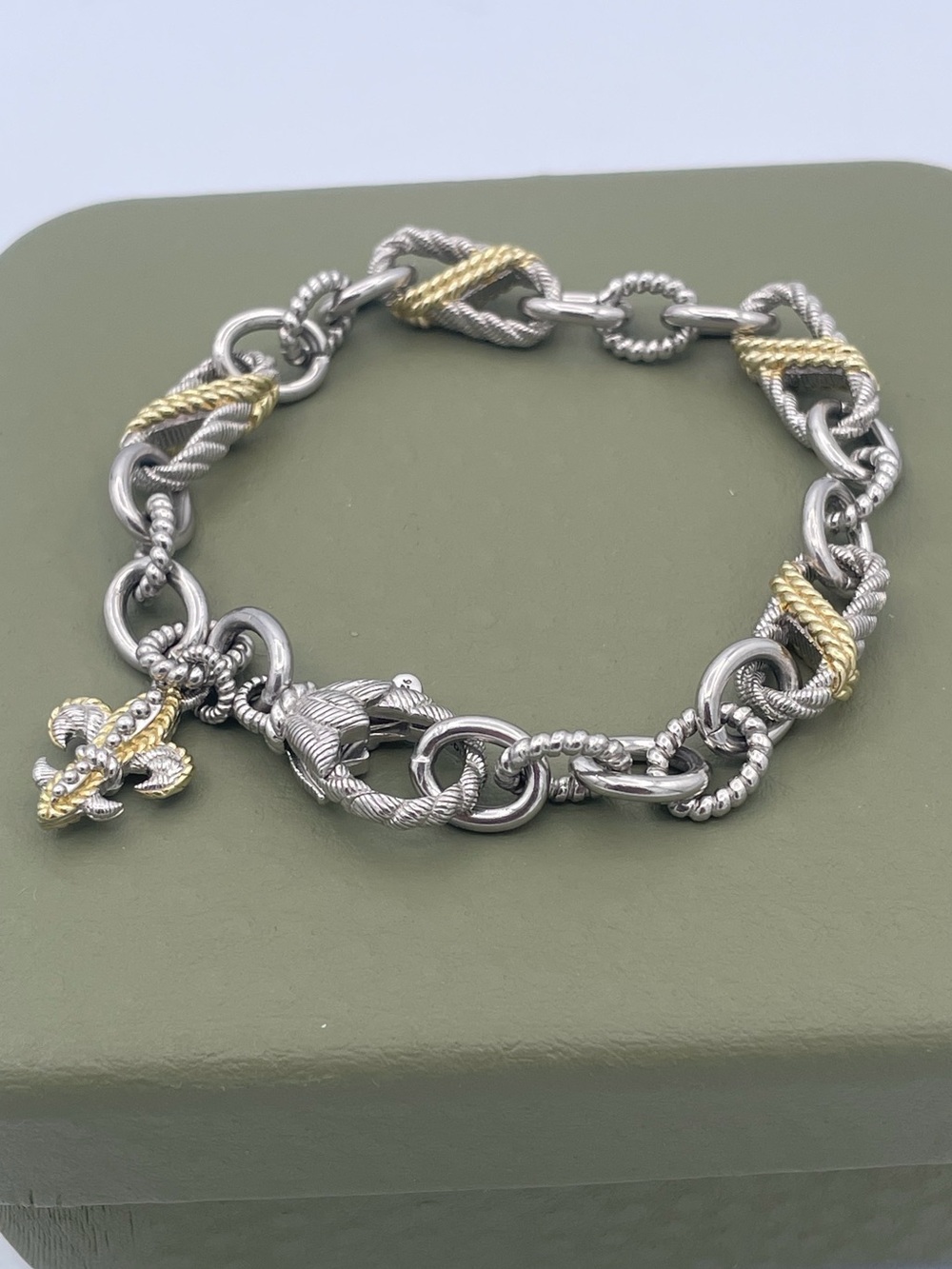 Judith Ripka Sterling Silver 925 & 14K Gold Clad Link Bracelet Fleur-deLis Charm